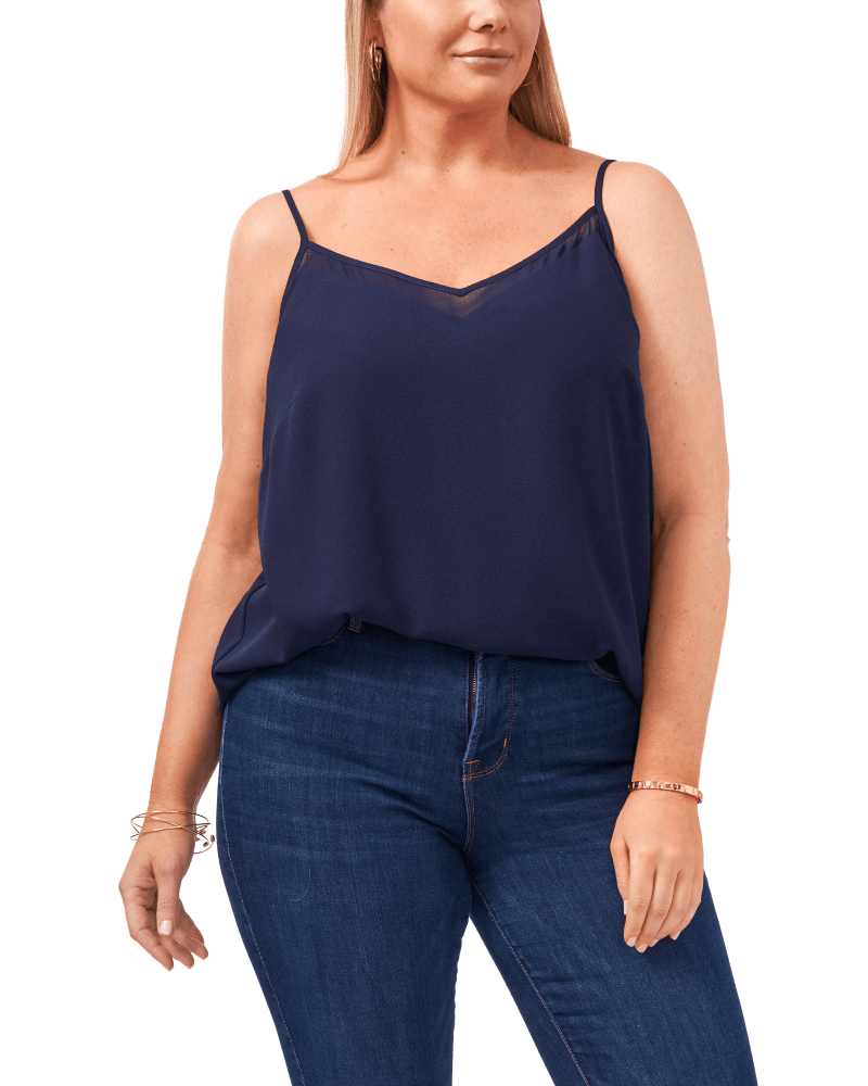 Front of a model wearing a size 0X Stella Inset Cami in TWILIGHT NAVY-458 by 1.State. | dia_product_style_image_id:262474